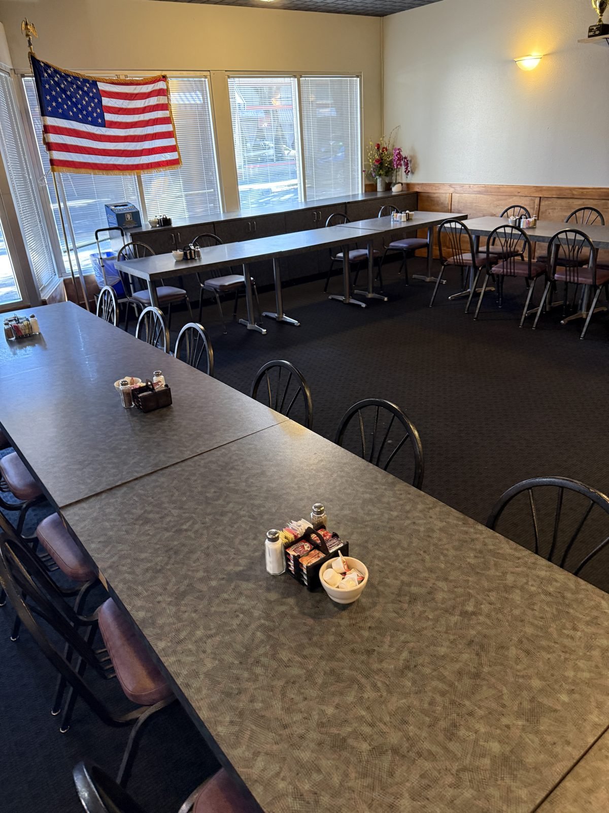Long banquet tables in the M&M event room